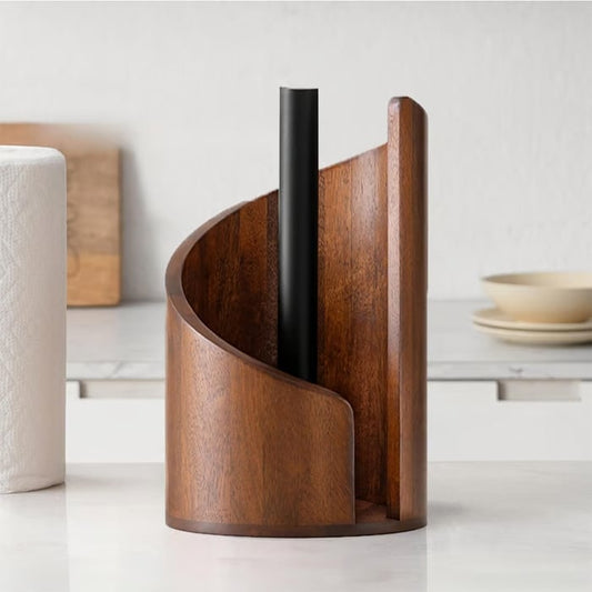Wooden Paper Towel Holder – Solid FSC Wood, Metal Rod & Non-Slip Base