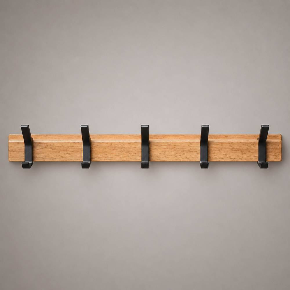 Wall-Mounted Coat Rack – Nordic Wood Panel, Dual Hooks & Matte Black Metal