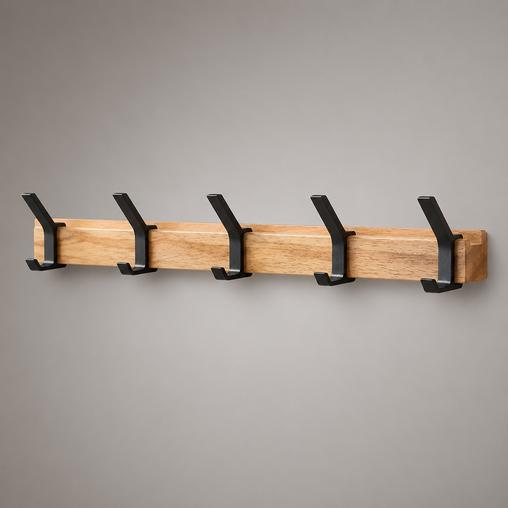 Wall-Mounted Coat Rack – Nordic Wood Panel, Dual Hooks & Matte Black Metal