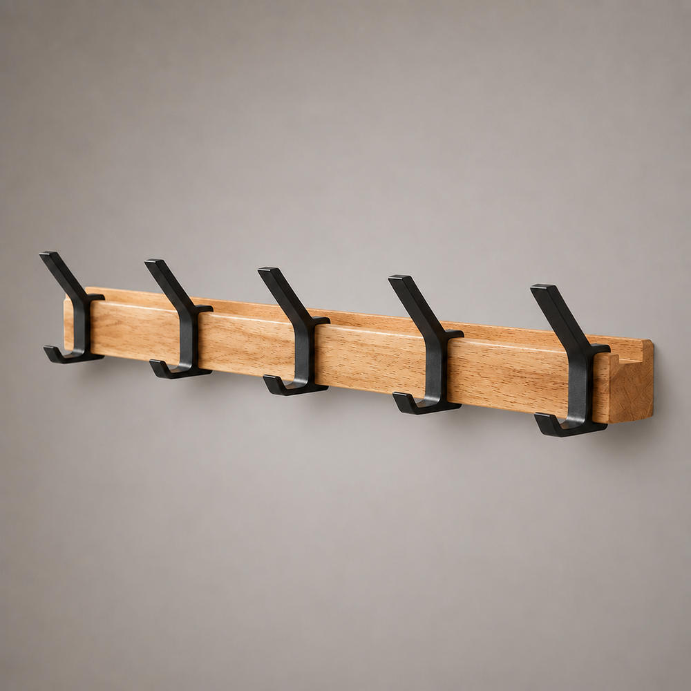 Wall-Mounted Coat Rack – Nordic Wood Panel, Dual Hooks & Matte Black Metal