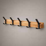 Wall-Mounted Coat Rack – Nordic Wood Panel, Dual Hooks & Matte Black Metal
