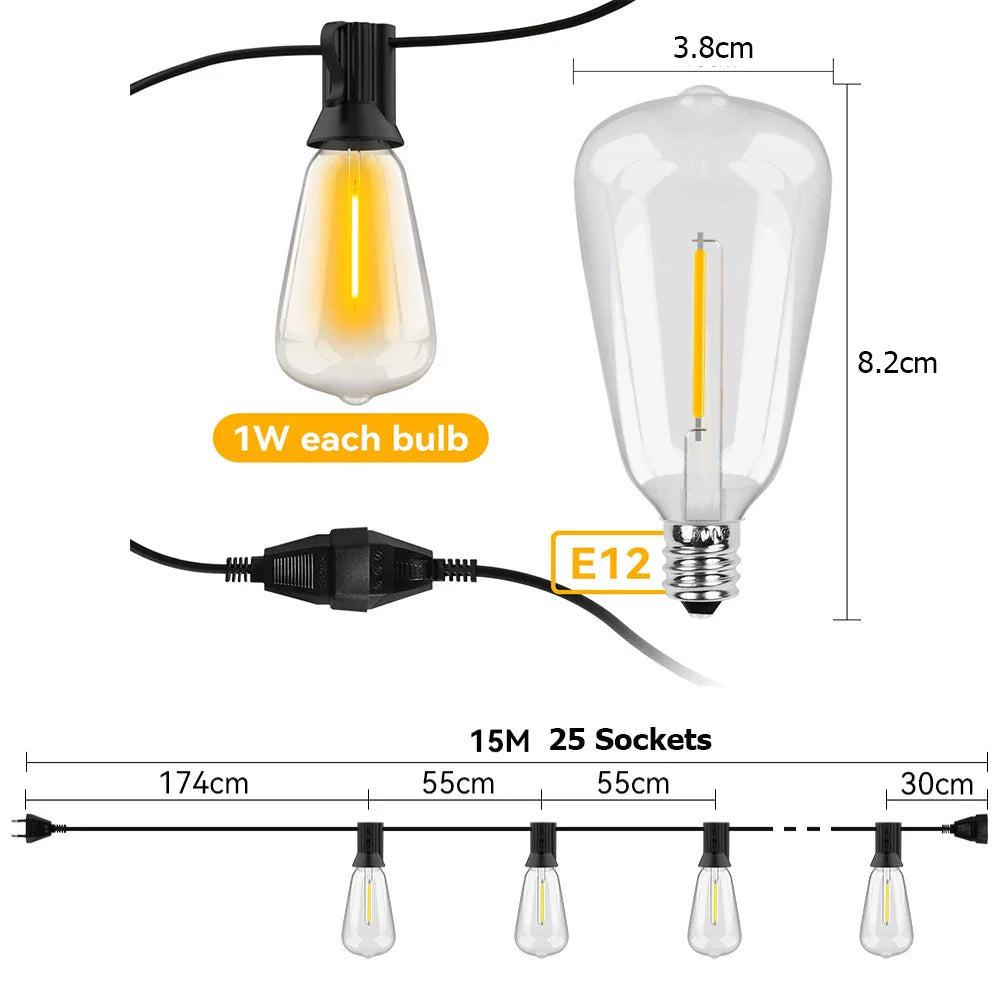 Outdoor LED String Lights – Weatherproof, Shatterproof Bulbs & 2200K Warm White