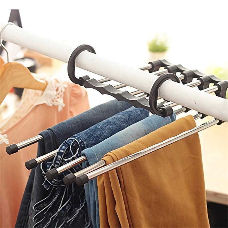 Extendable Trouser Hanger – Stainless Steel, 5 Slide-Out Bars & Non-Slip Tips