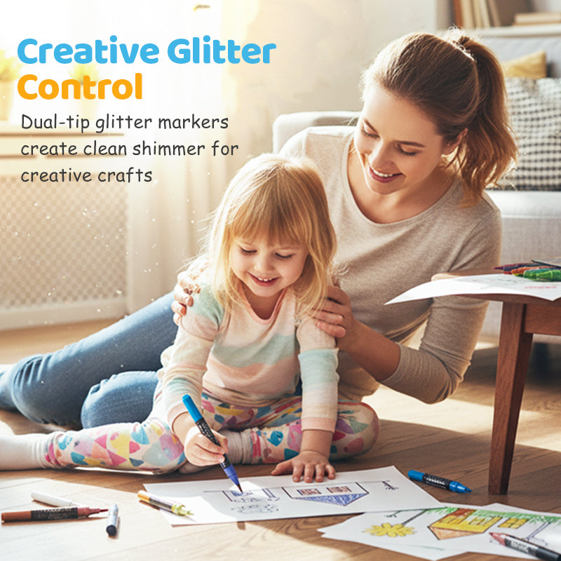 Dual-Tip Glitter Marker Pens – Brush & Fine Tip, Non-Toxic Water-Based Ink