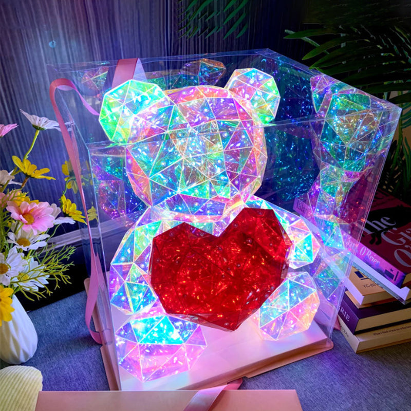 Color-Changing LED Crystal Teddy Bear – Glowing Heart, 22×28×30cm & Copper Wire Lights