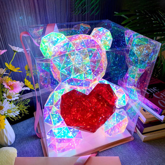 Color-Changing LED Crystal Teddy Bear – Glowing Heart, 22×28×30cm & Copper Wire Lights