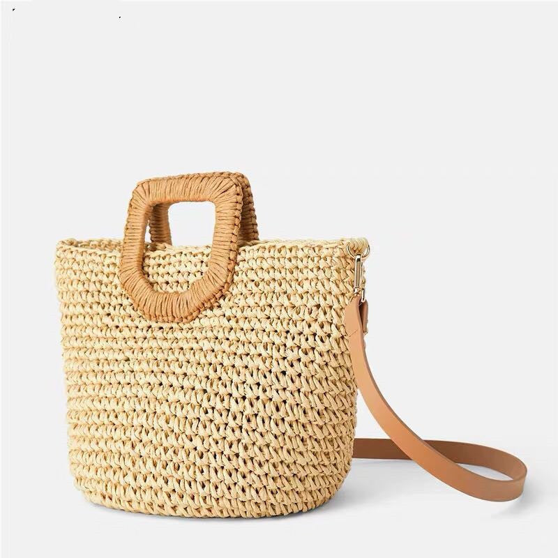 Woven Straw Beach Bag – Wooden Handle, Leather Strap & Spacious