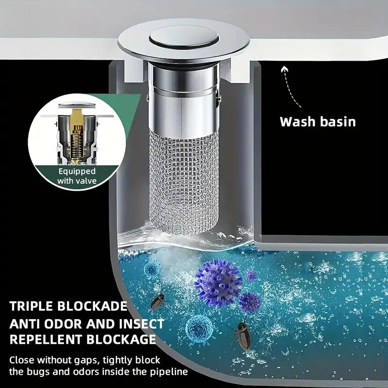 Stainless Steel Drain Strainer – Pop-Up Stopper, Hair Catcher & Tool-Free Install