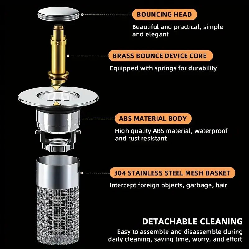 Stainless Steel Drain Strainer – Pop-Up Stopper, Hair Catcher & Tool-Free Install