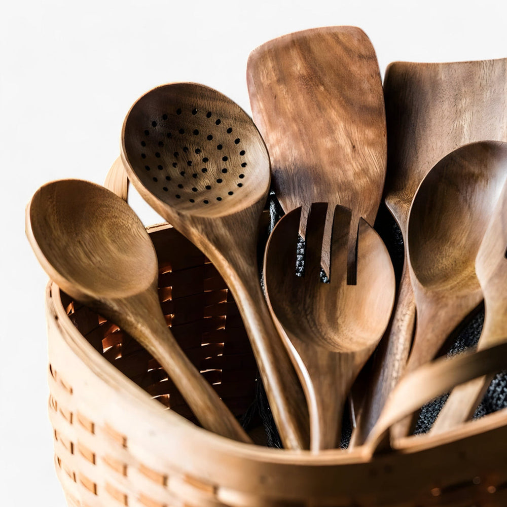 9-Piece Teak Wood Kitchen Utensil Set with Holder & Spoon Rest - Durable & Stylish Cooking Essentials