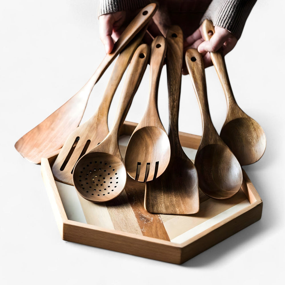 9-Piece Teak Wood Kitchen Utensil Set with Holder & Spoon Rest - Durable & Stylish Cooking Essentials