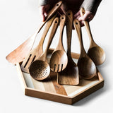 9-Piece Teak Wood Kitchen Utensil Set with Holder & Spoon Rest - Durable & Stylish Cooking Essentials