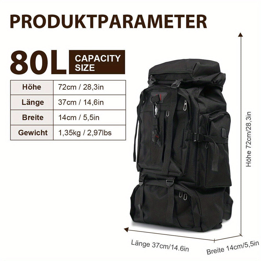 80L Hiking Backpack – Water-Resistant Nylon, Padded Back & Multi-Compartment