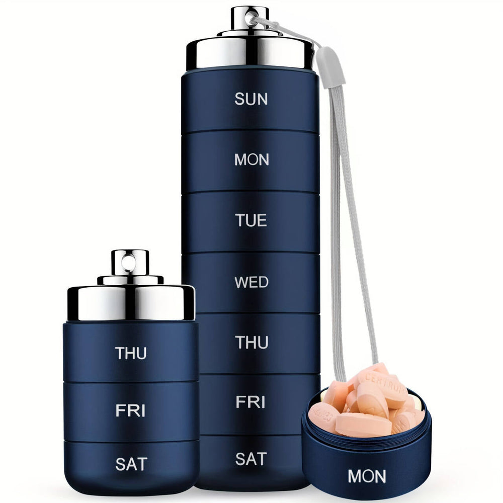7-Day Pill Organizer – Waterproof Aluminum, Spin-Lock & Portable