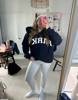 Varsity Oversized Navy Hoodie with White Lettering - Comfortable & Stylish Sweatshirt for Men and Women
