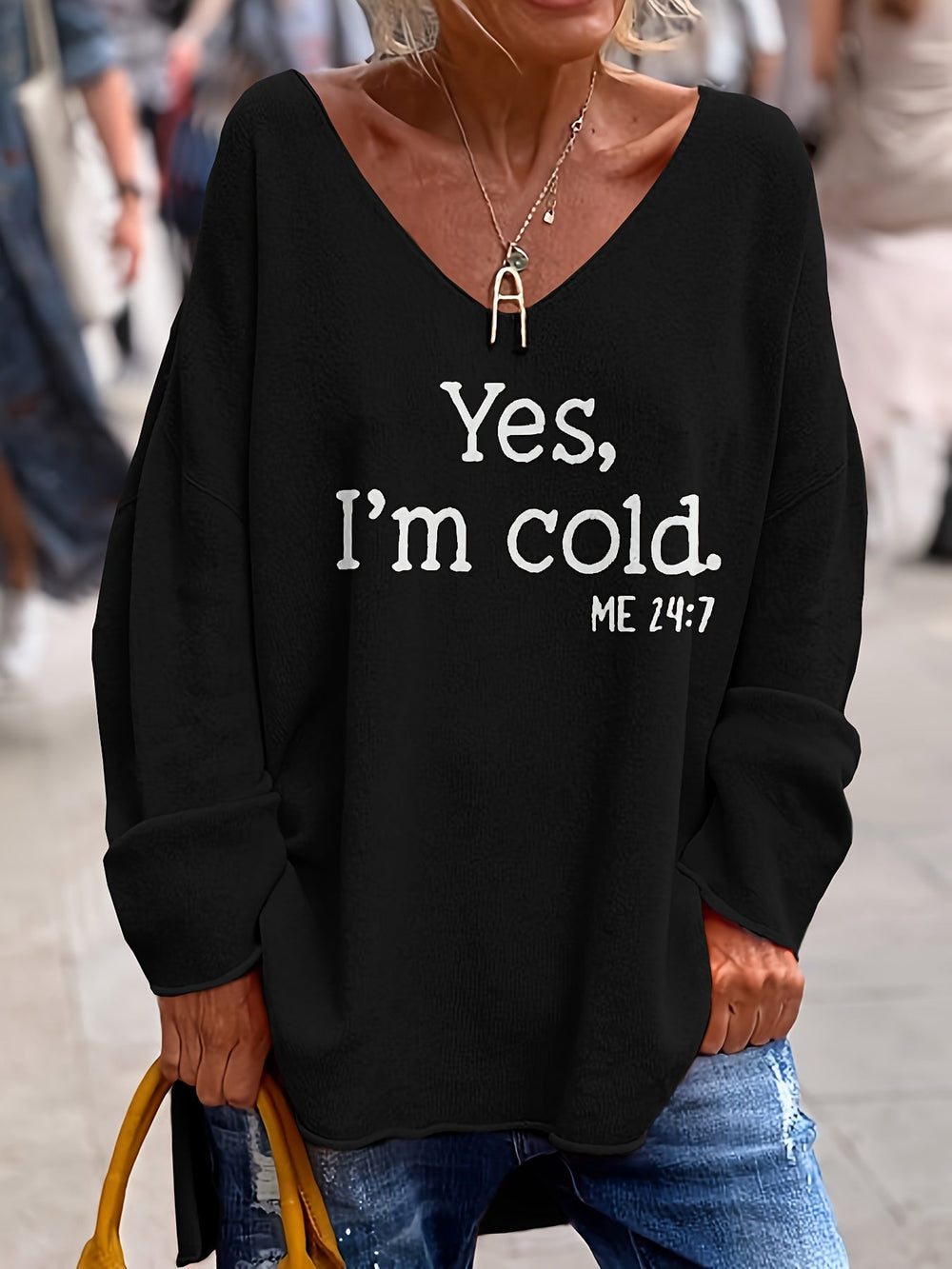 Ladies oversized jumper with V-neck & pattern - Alenia - 3