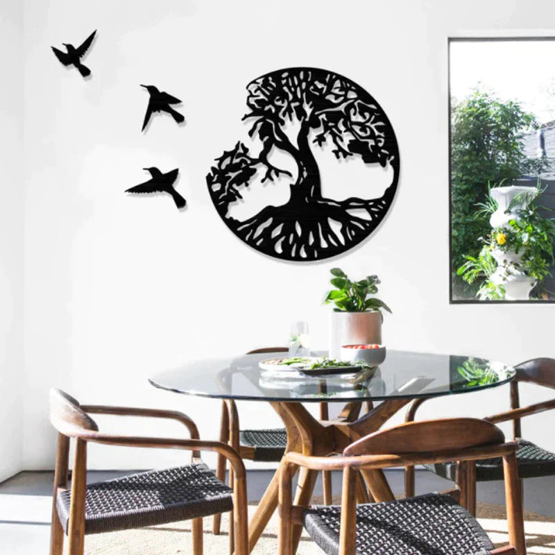 Tree of Life Metal Wall Art – Black Steel, Ø29cm & Bird Family Design