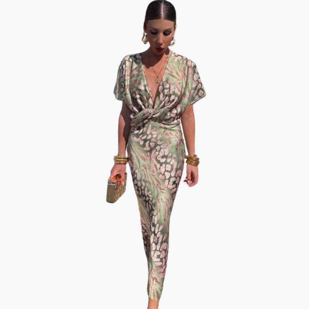 Women's Midi Dress – V-Neck & Knotted Front Detail