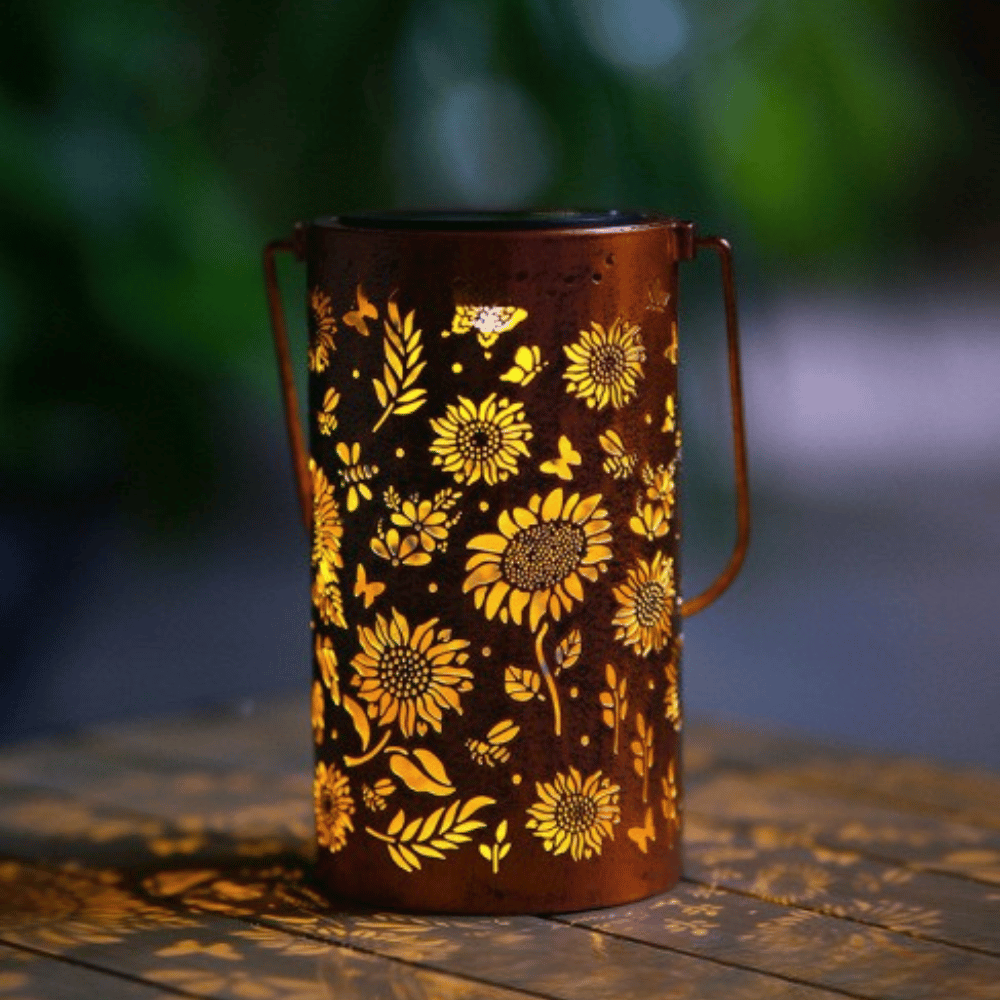 Solar Garden Lantern – Sunflower Pattern, LED Light & Weatherproof Metal