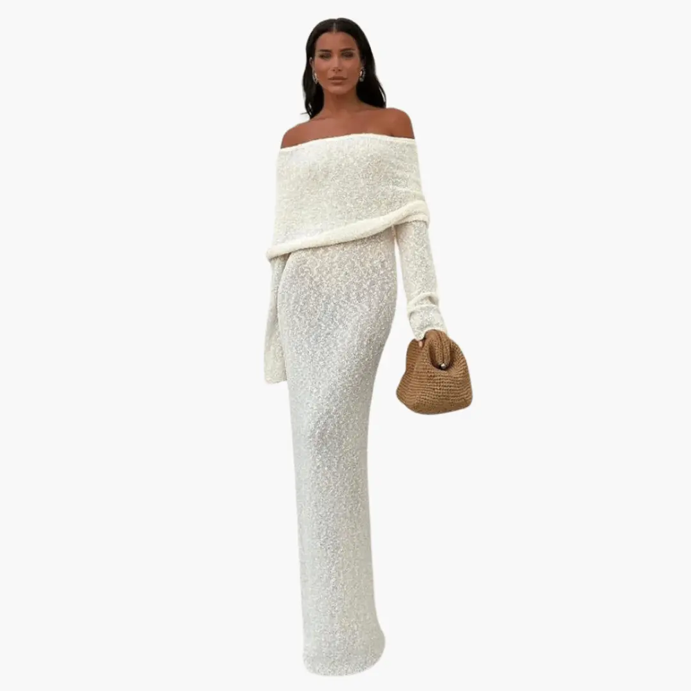 Women's Maxi Dress – Off-Shoulder Neckline, Knit Fabric & Elegant Occasion Wear