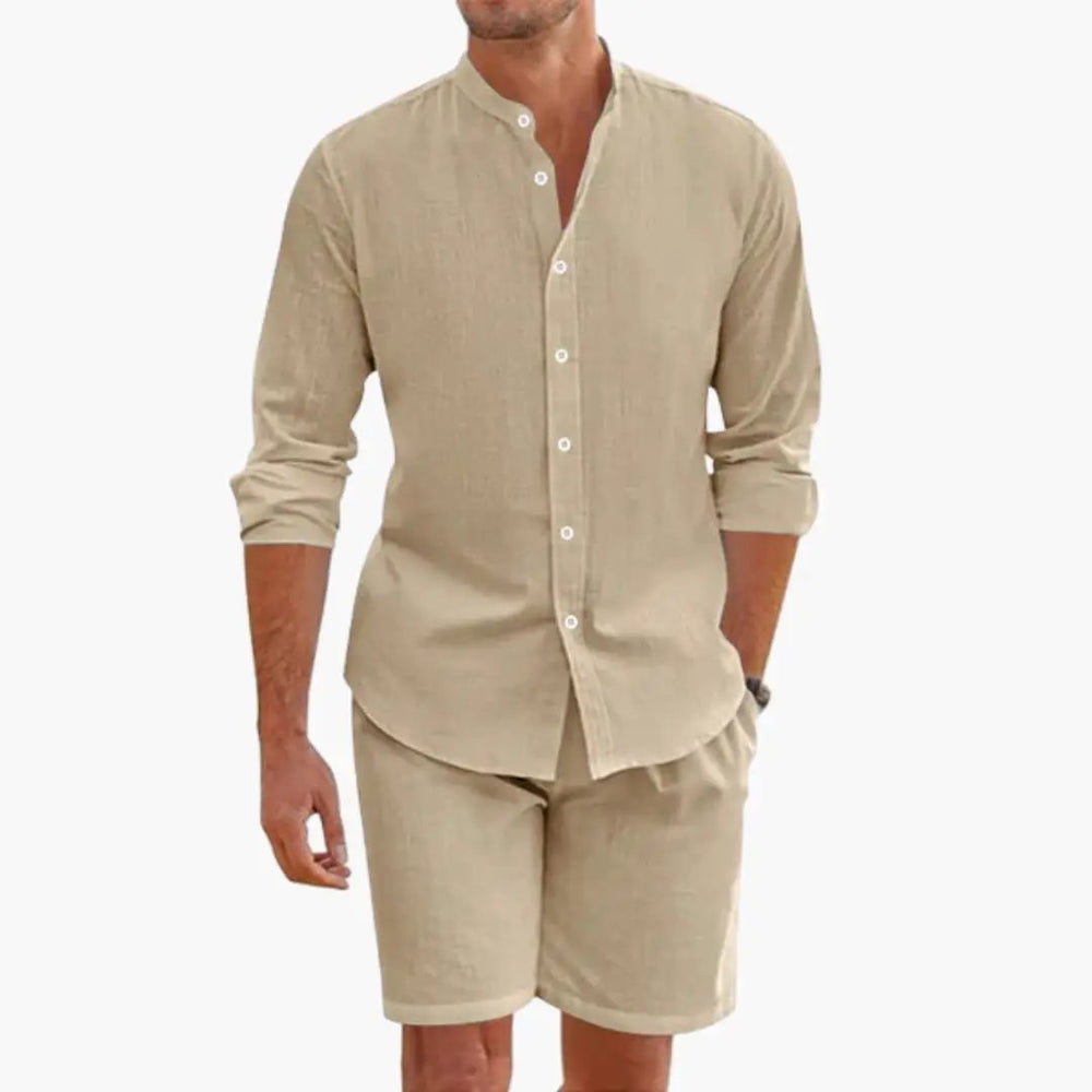 Men's Linen Blend Two-Piece Set – Long Sleeve Shirt & Shorts