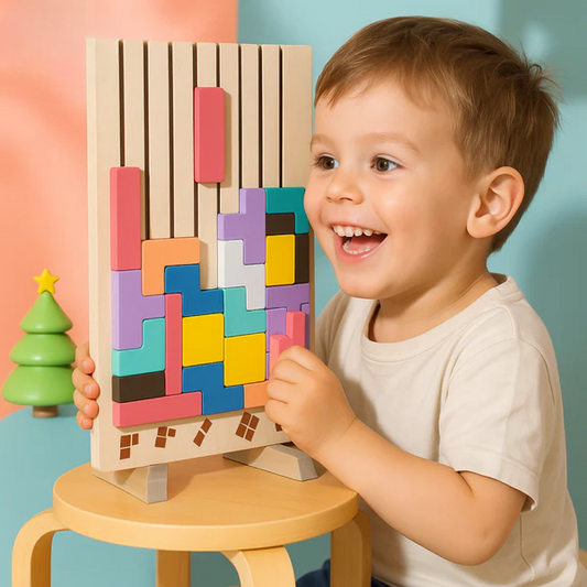 Wooden Tetris Puzzle – For Kids Age 5 and Up, Colorful Building Game & Builds Motor Skills and Logic