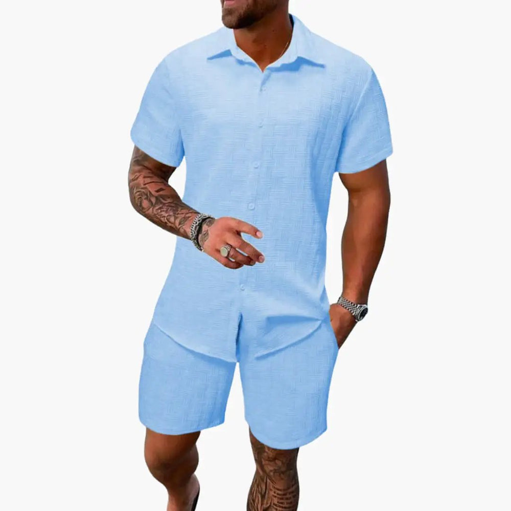 Men's Jacquard Shirt Set – Cotton Blend, Short Sleeve & Matching Shorts