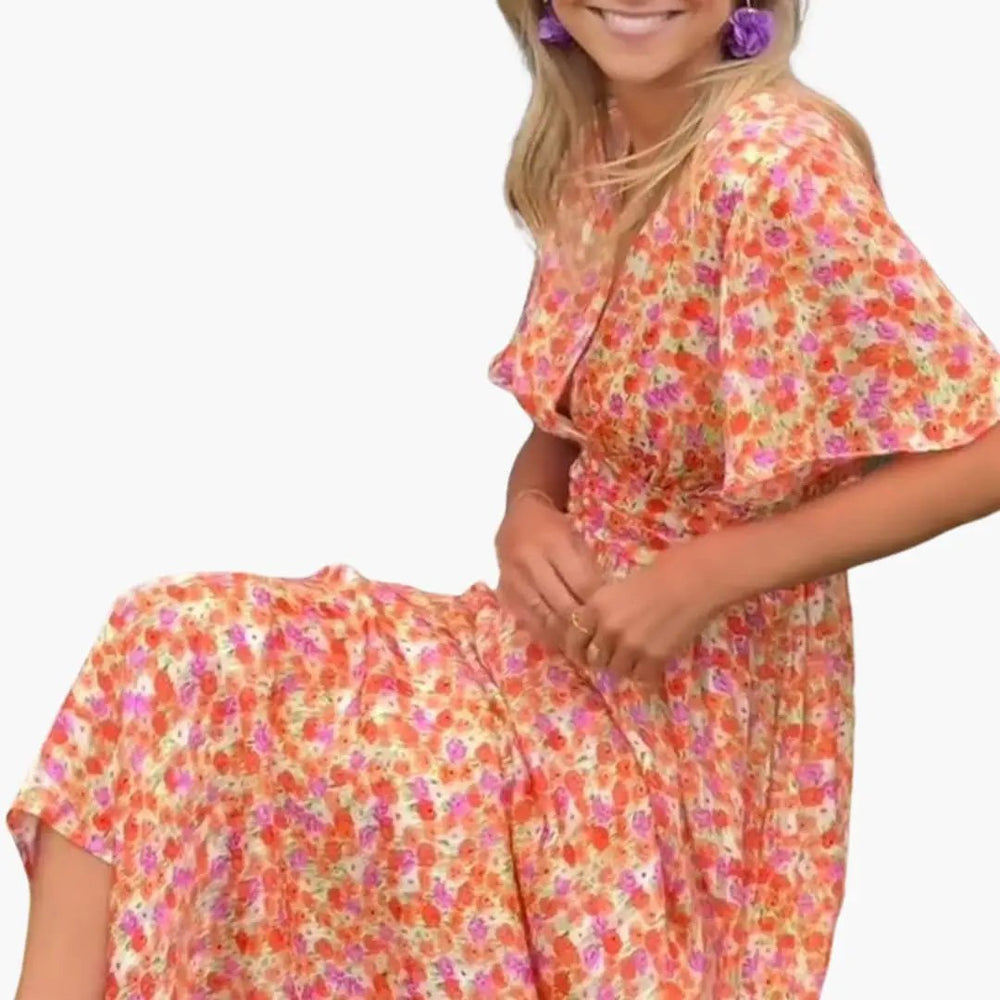 Women's Maxi Dress – Floral Print, Wrap Silhouette & V-Neck Design