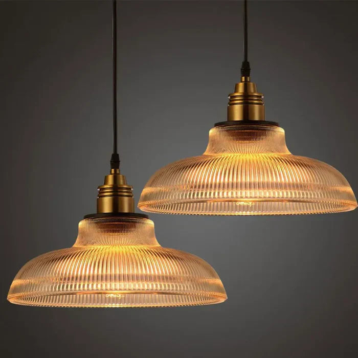 Ribbed Glass Pendant Light – Brass Finish, 30 cm Shade, E27 for Kitchen & Dining