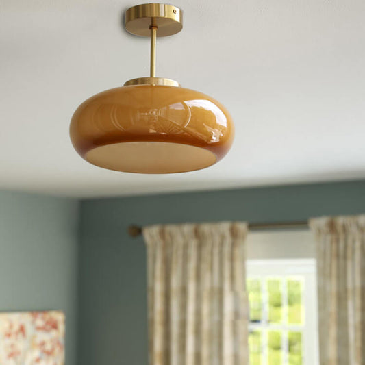 Ceiling Light – Vintage Brass Finish, Yellow Glass Shade &amp; Semi-Flush Mount