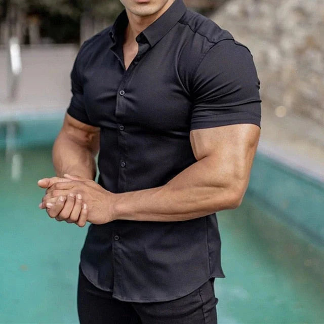 Luca Slim Stretch Short-Sleeve Shirt - Black