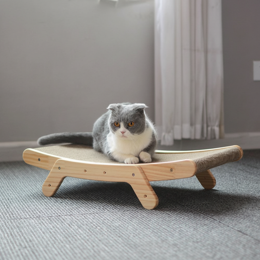 Curved Cat Scratcher – Wood Frame, Scratching Board & Lounge Bed