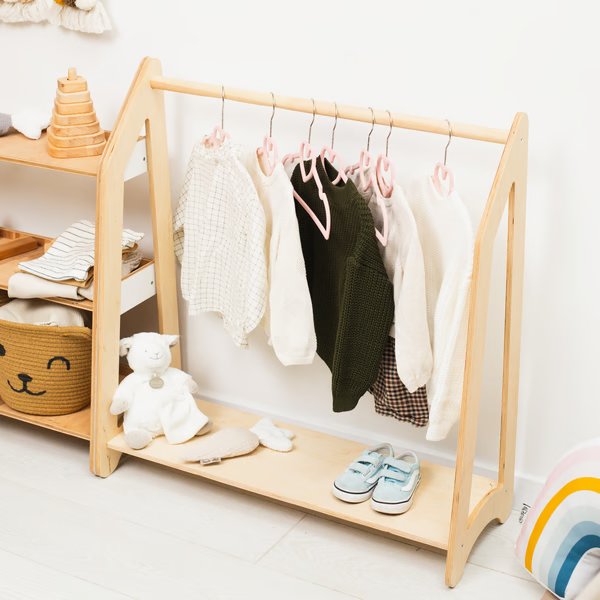 Montessori Toddler Furniture - Natural Wood Clothing Rack for Nursery | Stylish & Functional Kids Clothes Organizer | Perfect Christmas Gift
