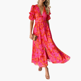 Women's Maxi Party Dress – V-Neck, Puff Sleeve & Flowing Fabric