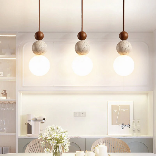 Cleonice Pendant Light – Travertine Stone, Solid Wood & Frosted Glass Diffuser