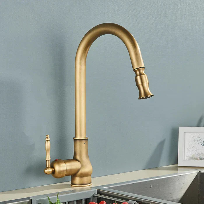 Pull-Down Kitchen Faucet – Matte Black/Antique Brass, Swivel Spout & Single Handle
