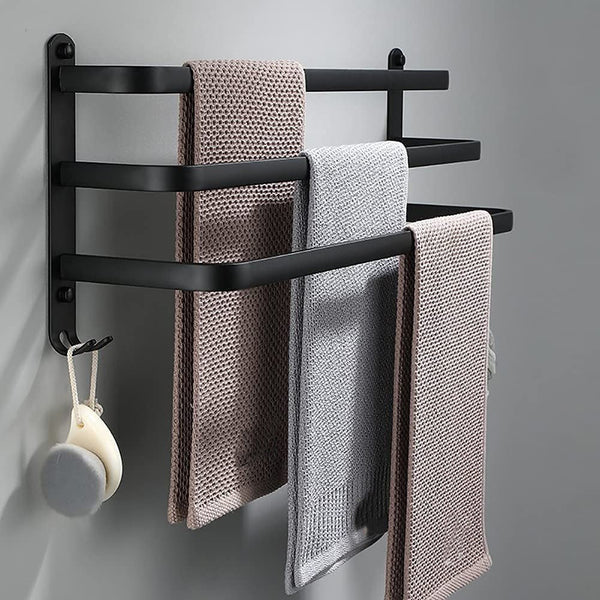 Wall-Mounted Towel Rack – No-Drill Aluminum, Matte Black & 2 or 3 Bars in 40/60cm
