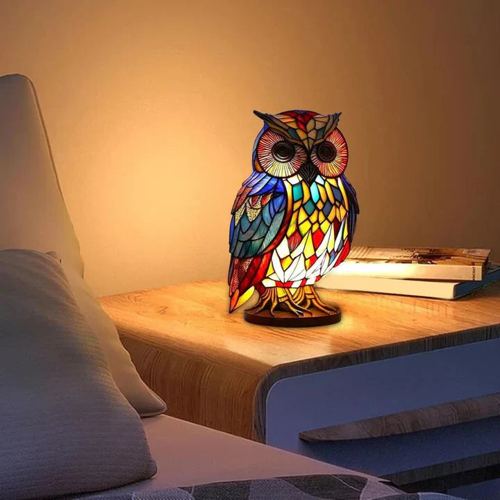 Stained Glass Owl Table Lamp – Handmade, Warm LED & Living Room Decor