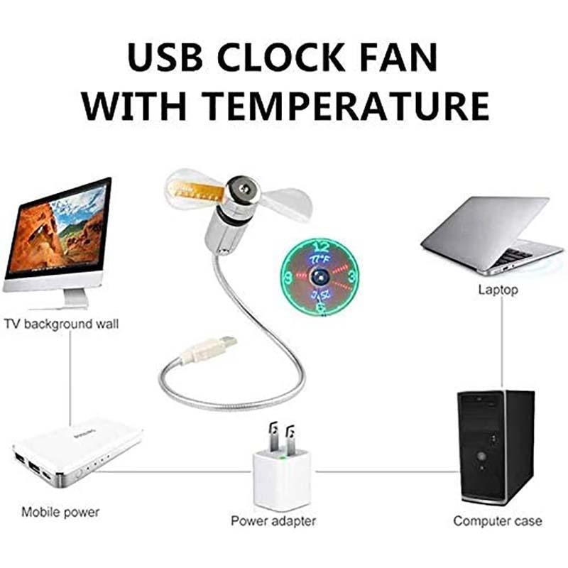 USB Desk Fan – LED Clock & Temperature Display, 41cm Flexible Gooseneck