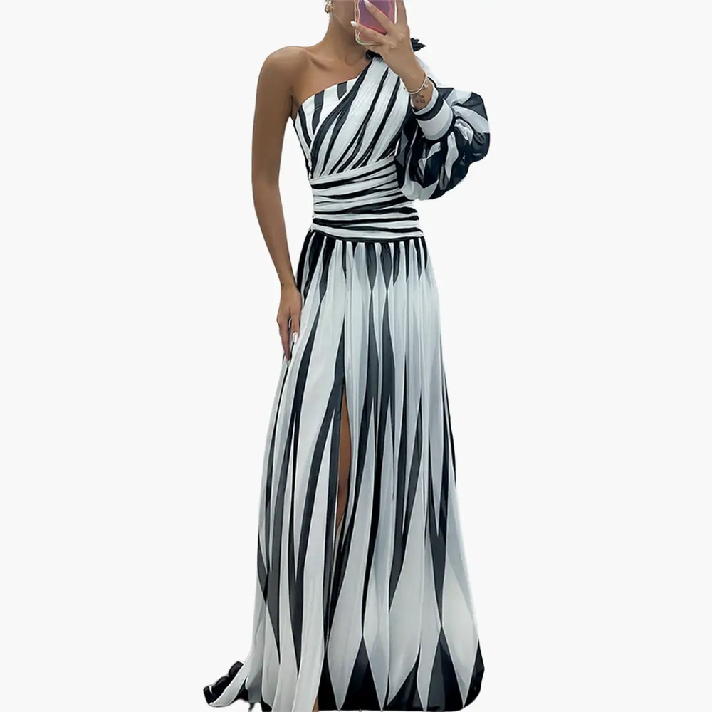 Women's Striped Maxi Dress – One-Shoulder Design, Side Slit & Elegant Fit
