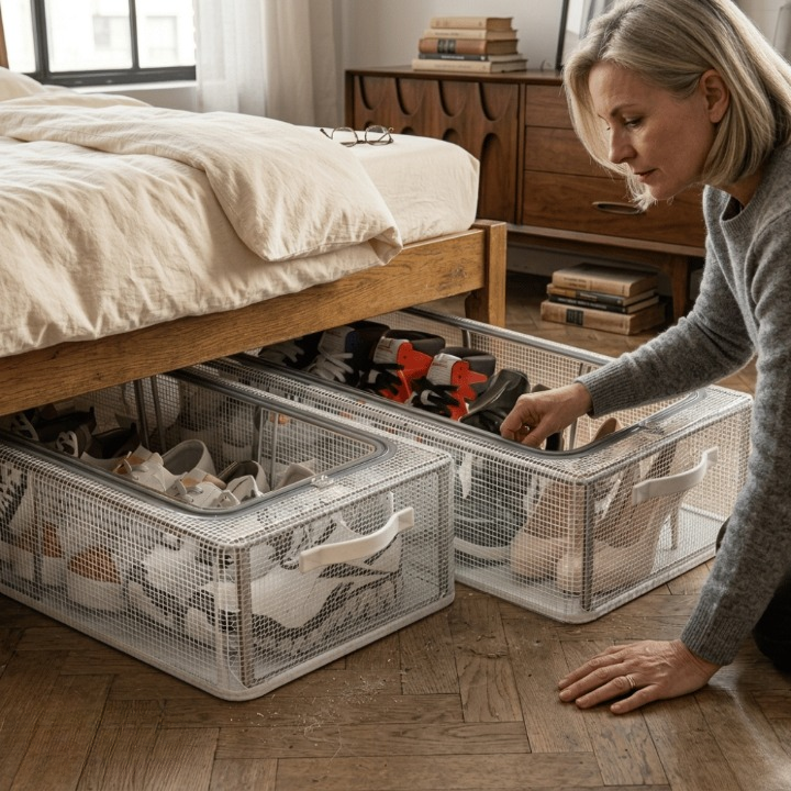 Stackable Clear Shoe Storage Box – Front-Opening PVC, Steel Frame & Waterproof Design