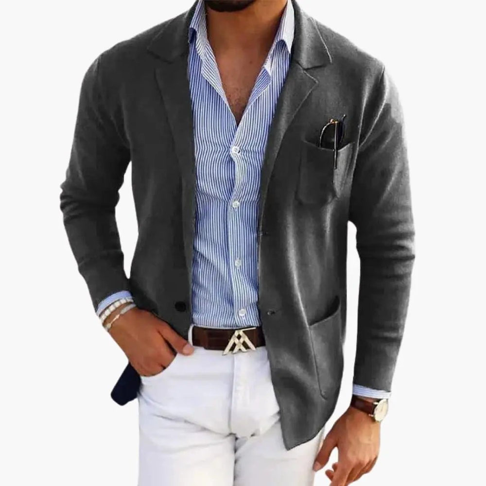 Men's Knit Blazer – Lapel Collar, Front Closure & Long Sleeve