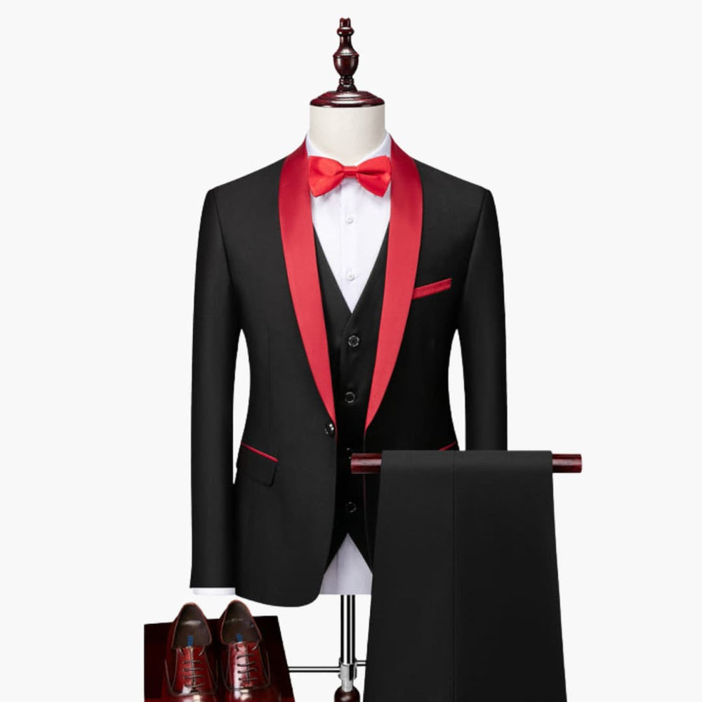 Men's Three-Piece Formal Suit – Red Accents, Shawl Collar & Slim Fit