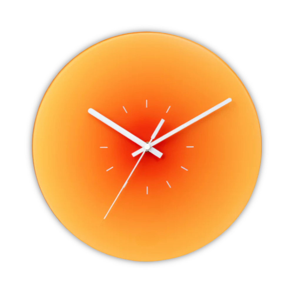 Glass Wall Clock – 30cm, Silent Quartz Movement in Orange, Blue or Purple
