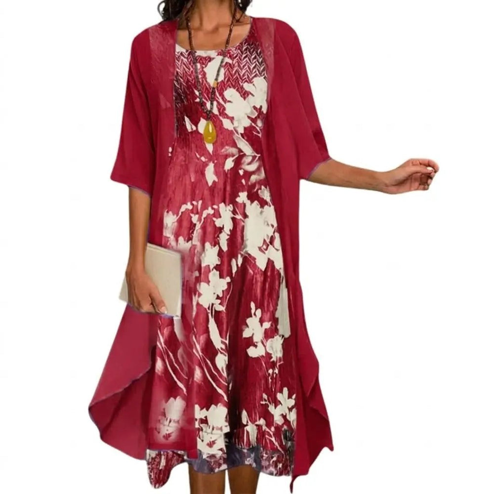 Women's Floral Maxi Dress Set – Layered Cardigan, Round Neck & Long Length