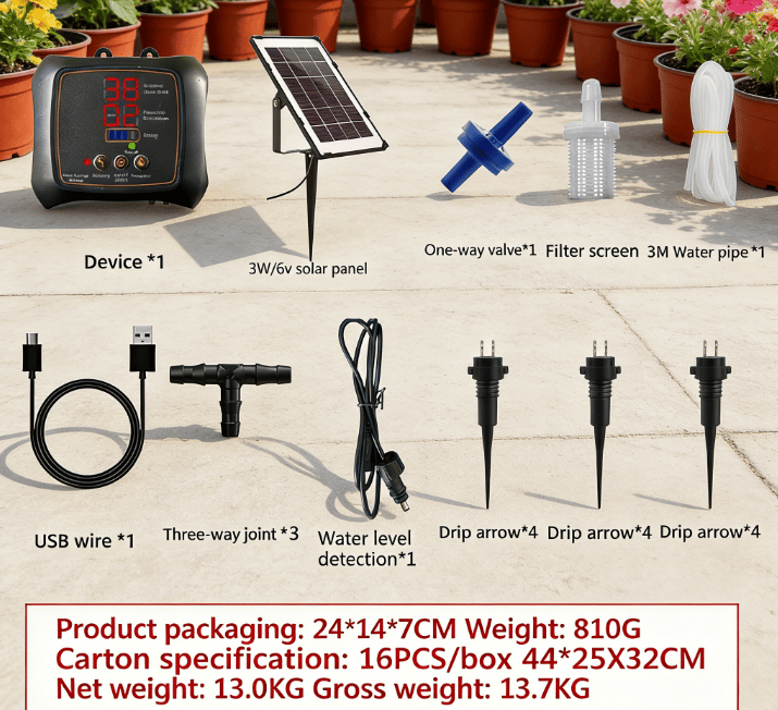 Solar Drip Irrigation System – 12 Plants, Digital Timer & USB Battery Backup