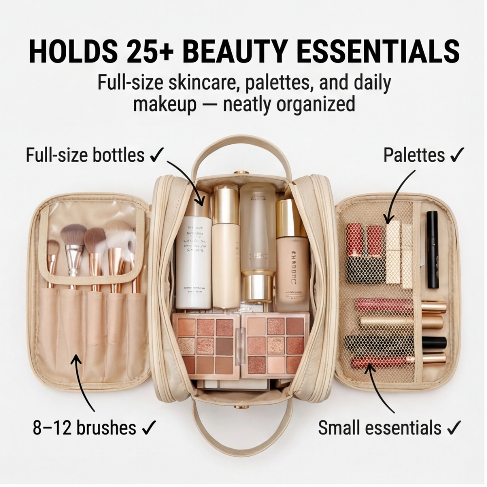 Makeup Organizer Bag – Waterproof PU Leather, 16 Brush Slots & 28×16.5cm