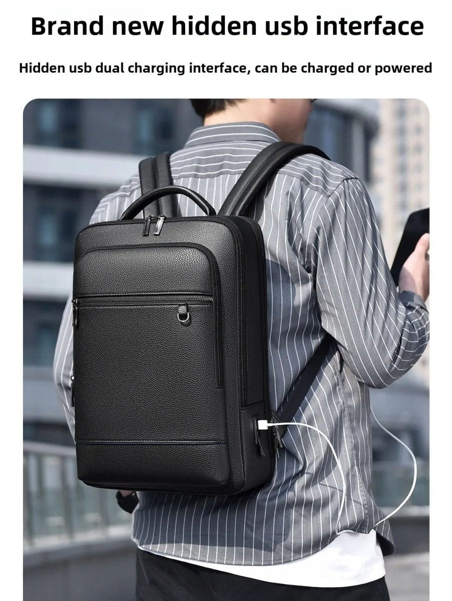 Men's Leather Laptop Backpack – USB Charging Port, 15.6-Inch Sleeve & PU Leather