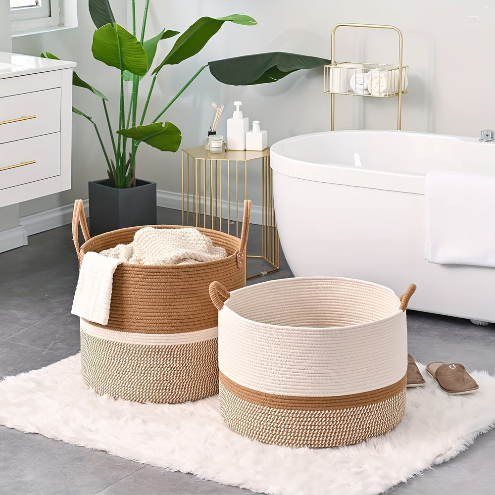 Boho Cotton Storage Basket – Woven Rope Handles, 35×40cm & Cream Striped Design