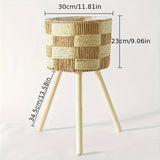 Bohemian Bamboo Woven Flower Stand | Handcrafted Rattan Planter with Wooden Legs